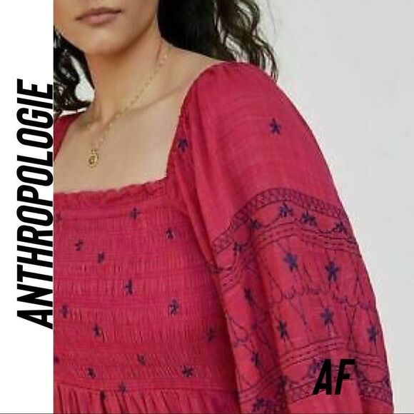 ANTHROPOLOGIE BONNIE SMOCKED MIDI DRESS NEW MAGENTA COMBO MEDIUM - Picture 11 of 16